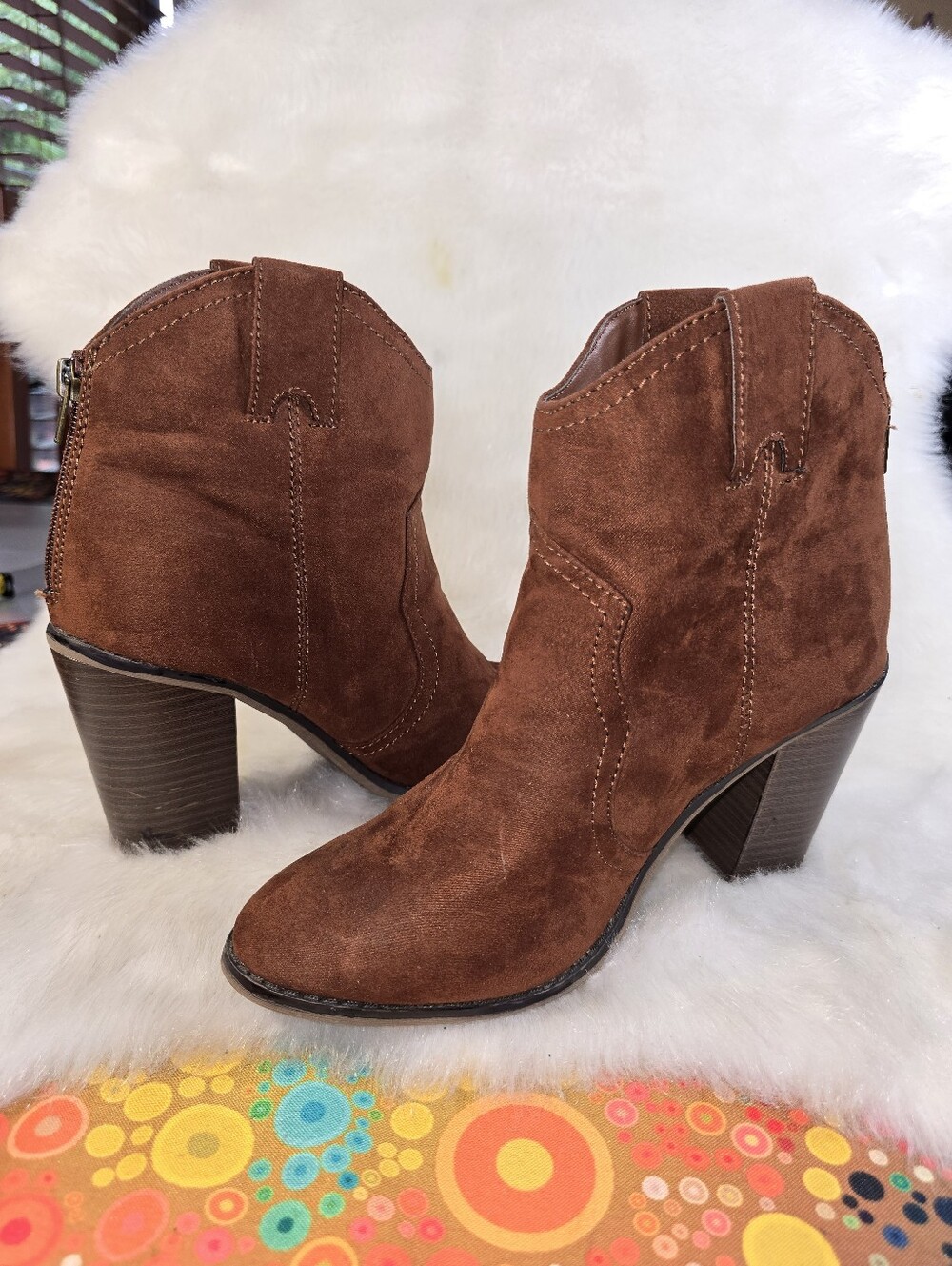 Merona Rust Faux Suede Western-style Ankle Booties with Stacked Heel & Back Zip